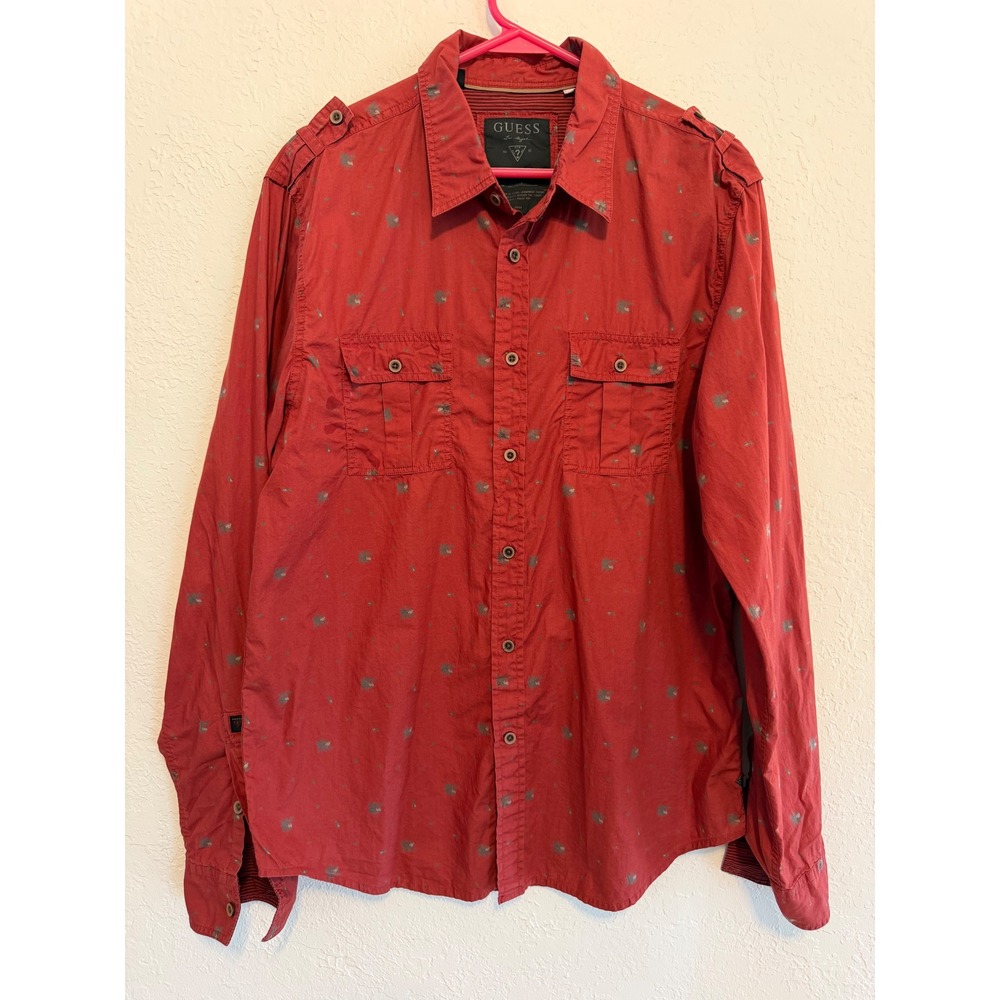 Guess Mens Red Floral Long Sleeve Button Down Utility Shirt M03H05W0210 L